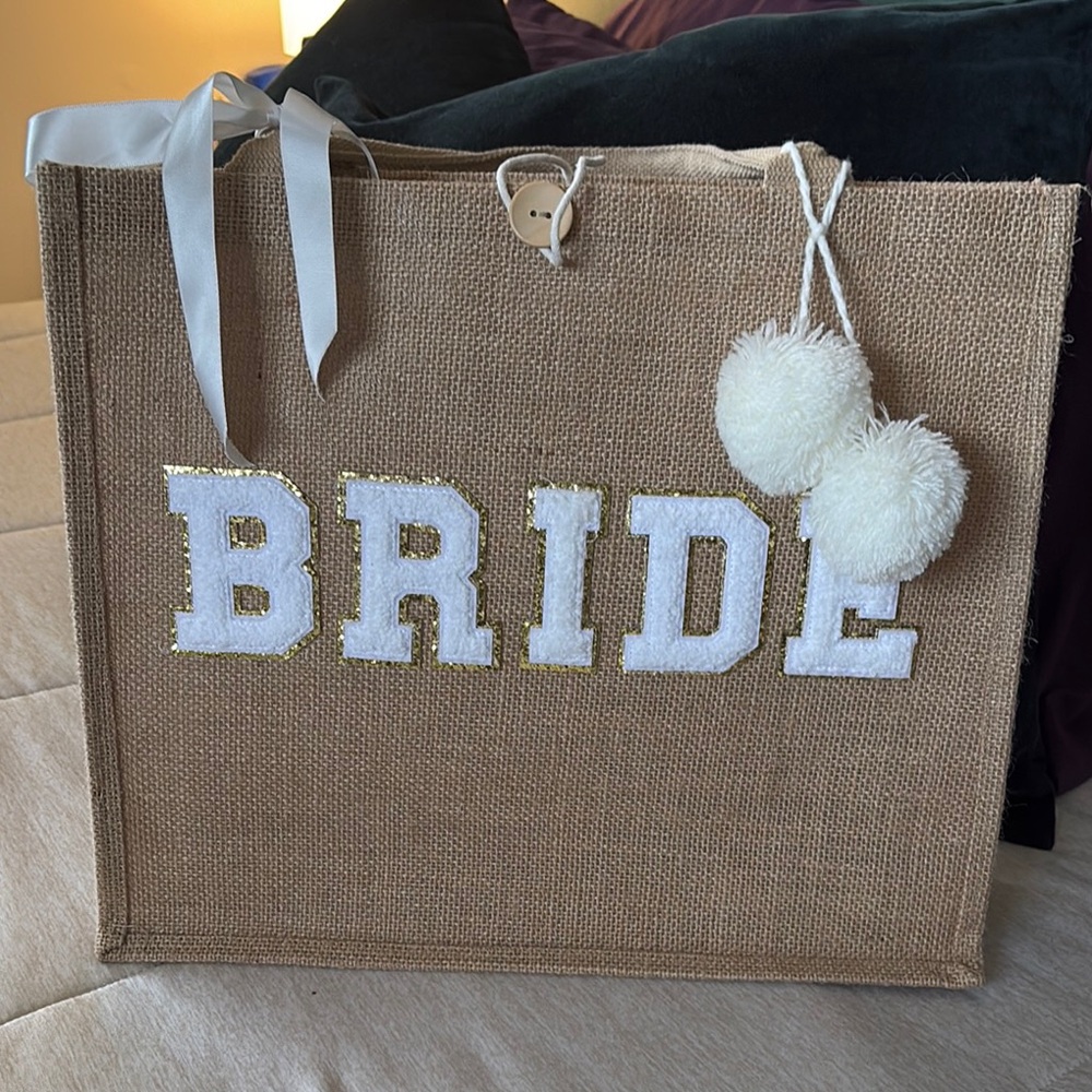 Bride Jute Tote Bag with Pom Poms